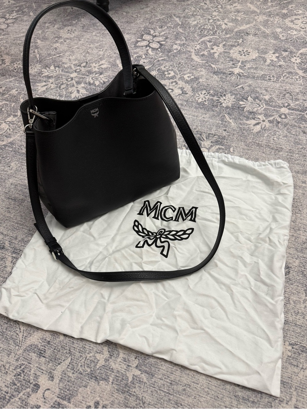 MCM Black Pebbled Leather Shoulder Bag with Detachable Strap